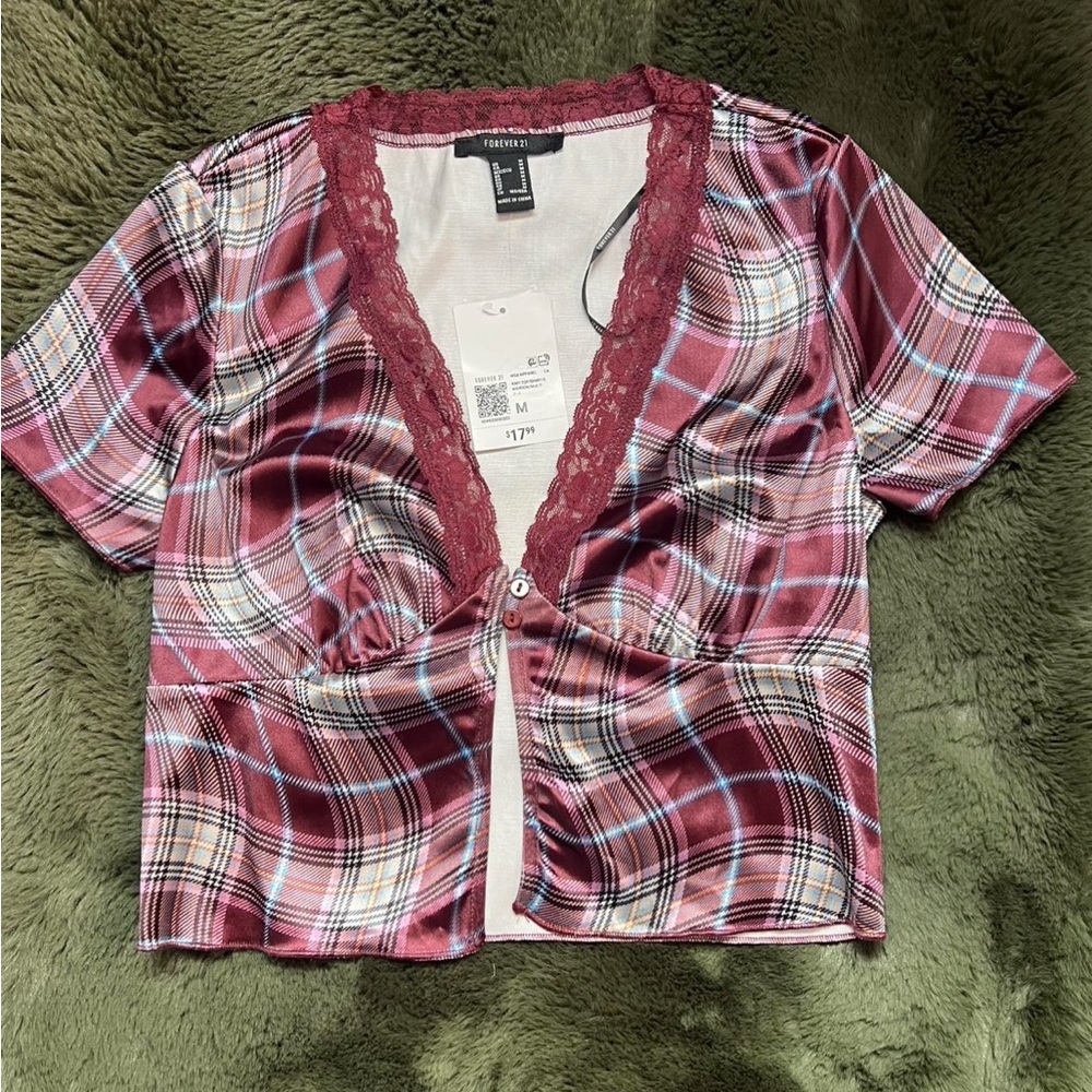 Forever 21 Burgundy Plaid Lace Trim Blouse
